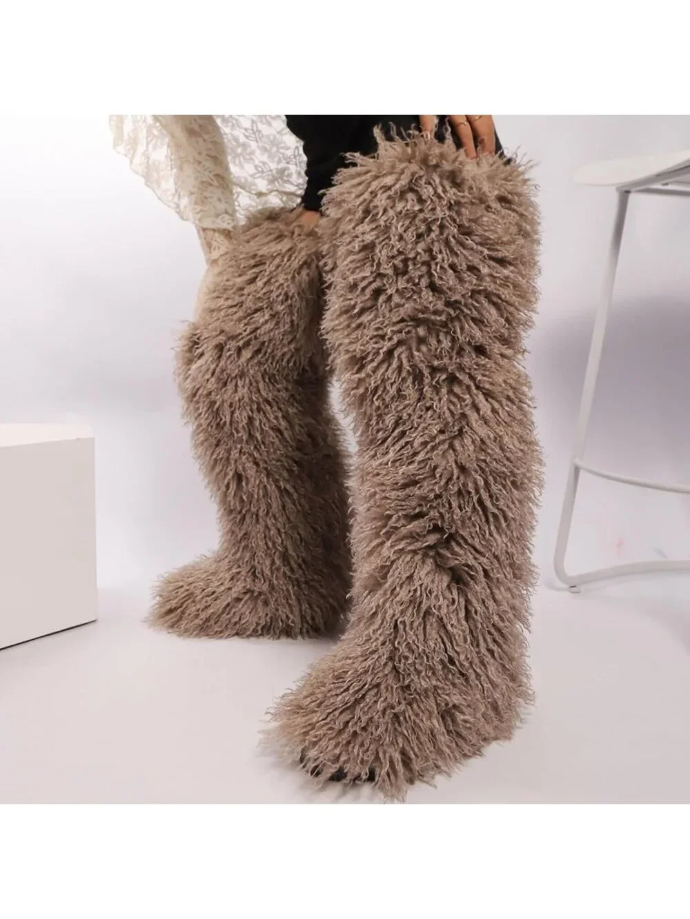 Women's Dark Khaki Round Toe Comfort Over The Knee Fluffy Fur Thigh High Boots
